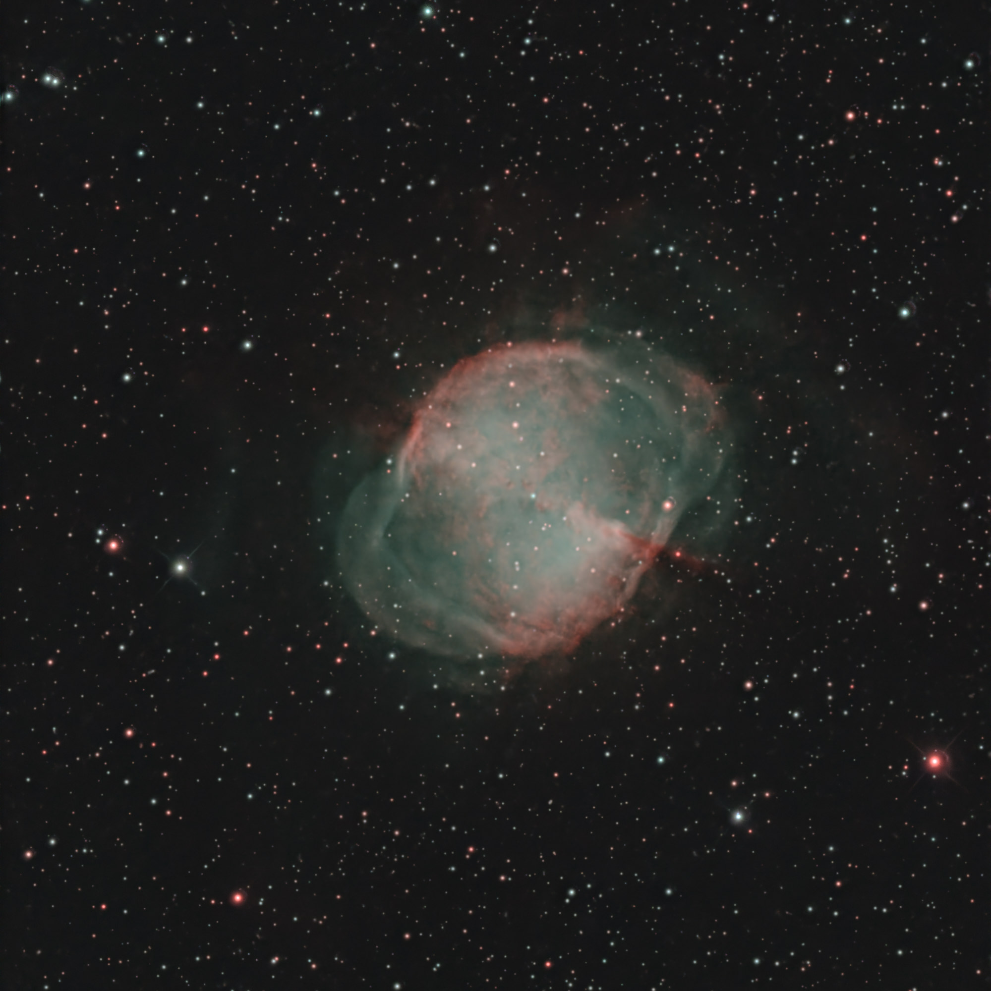 The Dumbbell Nebula Messier 27 is a mag 7.5 planetary nebula about 1300 light years distant in the constellation of the Fox. Formed about 10,000 years ago from the envelope ejected from a red giant star in its terminal phase, the nebula is expanding at a speed of about 30 km/s. The core of the giant star remained in the center of the nebula as a white dwarf with a temperature of over 100,000 Kelvin and a magnitude of 14.